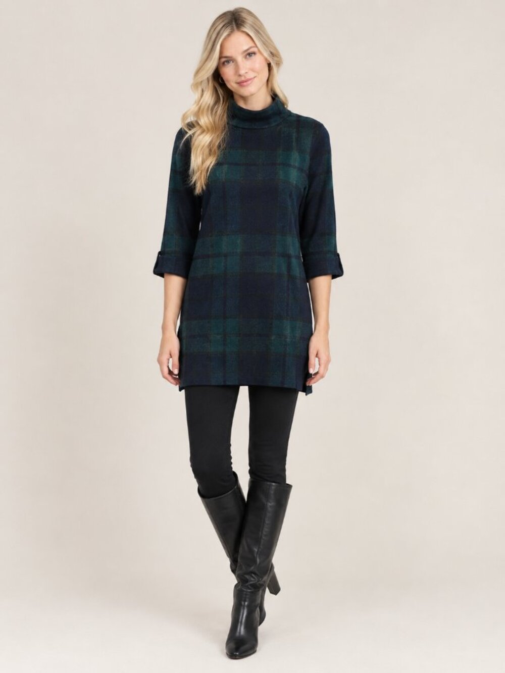 TAHARI Blackwatch Plaid Mock-Neck Sweater 3/4 Sleeve Navy Green XL #A4502